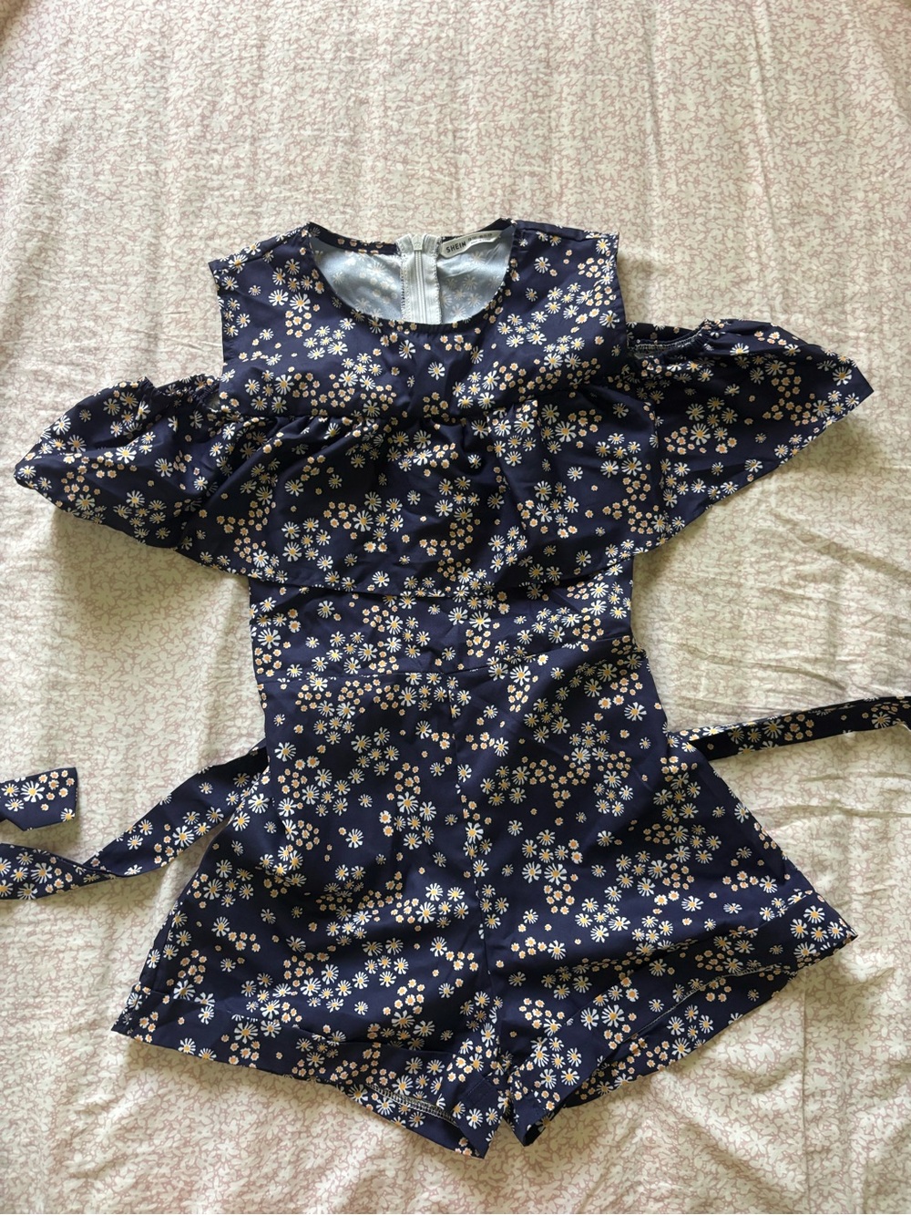 SHEIN Navy Floral Cold-Shoulder Romper